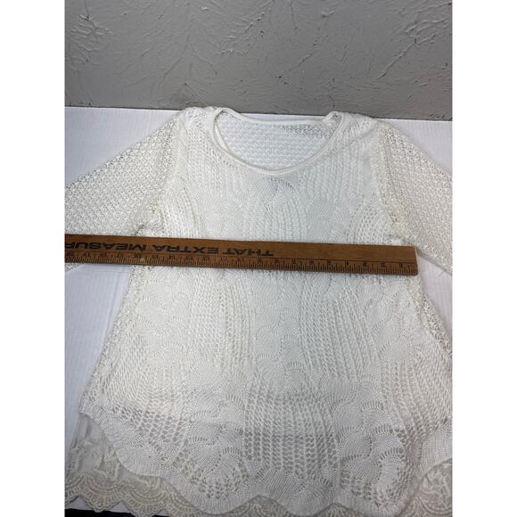 Live And Let Live Top Tunic White Gauze Crochet Shirt Hippie LS Petite Size‎ PM - Picture 4 of 4
